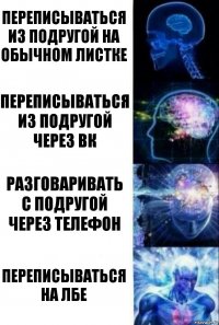 Переписываться из подругой на обычном листке Переписываться из подругой через вк Разговаривать с подругой через телефон Переписываться на лбе