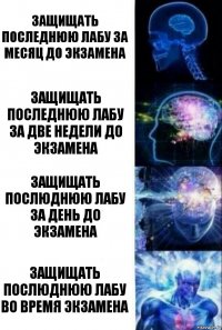 Защищать последнюю лабу за месяц до экзамена Защищать последнюю лабу за две недели до экзамена Защищать послюднюю лабу за день до экзамена Защищать послюднюю лабу во время экзамена