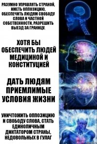 Разумно управлять страной, иметь оппозицию, обеспечить людям свободу слова и частной собственности, разрешить выезд за границу. Хотя бы обеспечить людей медициной и конституцией Дать людям приемлимые условия жизни Уничтожить оппозицию и свободу слова, стать единоличным диктатором страны, недовольных в ГУЛАГ