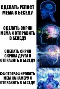 Сделать репост мема в беседу Сделать скрин мема и отправить в беседу Сделать скрин скрина друга и отправить в беседу Сфотографировать мем на камеру и отправить в беседу