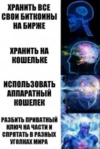 Хранить все свои биткоины на бирже Хранить на кошельке Использовать аппаратный кошелек Разбить приватный ключ на части и спрятать в разных уголках мира