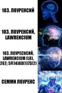 103. Лоуренсий 103. лоуренсий, lawrencium 103. Лоуреснсий, lawrencium (Lr), 262; 5F(14)6d(1)7s(2) Семми Лоуренс