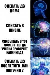 Сделать дз дома Списать в школе Списывать в тот момент , когда училка проверяет наличие дз Сделать дз после того , как получил 2