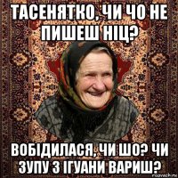 тасенятко, чи чо не пишеш ніц? вобідилася, чи шо? чи зупу з ігуани вариш?