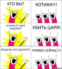 КТО ВЫ? КОТИКИ!!! ЧО ВАМ ОТ ЦАРЯ НАДОБНО? УБИТЬ ЦАРЯ! КОГДА ВЫ ЭТО СДЕЛАЕТЕ? ПРЯМО СЕЙЧАС!!!