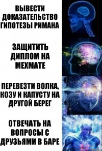 Вывести доказательство гипотезы Римана Защитить диплом на мехмате Перевезти волка, козу и капусту на другой берег Отвечать на вопросы с друзьями в баре