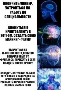 Окончить универ, устроиться на работу по специальности Вложиться в криптовалюту в 2011-ом, создать свою майнинг- ферму Выучиться на IT-специалиста, попутно получая опыт от фриланса, переехать в Сеул создать новую крипту Спиздить осетровую рыбу из Окея в плащ, и за городом на арендованной земле разводить икрудля продажи. Мечтать съехать на ДВ