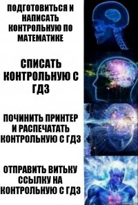 Подготовиться и написать контрольную по математике Списать контрольную с гдз Починить принтер и распечатать контрольную с гдз Отправить Витьку ссылку на контрольную с гдз