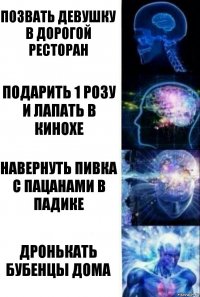 Позвать девушку в дорогой ресторан Подарить 1 розу и лапать в кинохе навернуть пивка с пацанами в падике дронькать бубенцы дома