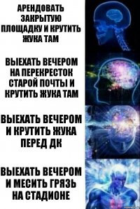 Арендовать закрытую площадку и крутить жука там Выехать вечером на перекресток старой почты и крутить жука там Выехать вечером и крутить жука перед дк Выехать вечером и месить грязь на стадионе