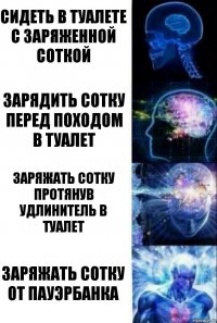 Сидеть в туалете с заряженной соткой Зарядить сотку перед походом в туалет Заряжать сотку протянув удлинитель в туалет Заряжать сотку от пауэрбанка