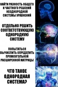 найти разность общего и частного решений неоднородной системы уравнений Отдельно решить соответствующую однородную систему Попытаться вычислить определить прямоугольной расширенной матрицы Что такое однородная система?