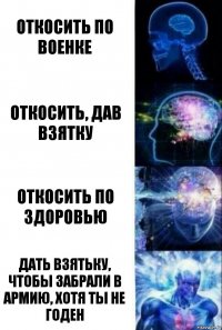 Откосить по военке Откосить, дав взятку Откосить по здоровью Дать взятьку, чтобы забрали в армию, хотя ты не годен