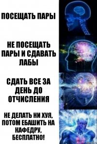 Посещать пары Не посещать пары и сдавать лабы Сдать все за день до отчисления Не делать ни хуя, потом ебашить на кафедру, бесплатно!