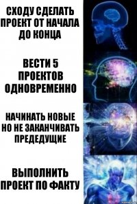 сходу сделать проект от начала до конца вести 5 проектов одновременно начинать новые но не заканчивать предедущие Выполнить проект по факту