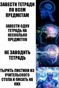 Завести тетради по всем предметам Завести одну тетрадь на несколько предметов Не заводить тетрадь тырить листики из учительского стола и писать на них