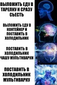 Выложить еду в тарелку и сразу сьесть Выложить еду в контейнер и поставить в холодильник Поставить в холодильник чашу мультиварки Поставить в холодильник мультиварку