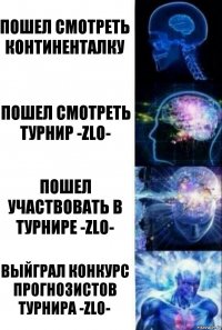 Пошел смотреть континенталку Пошел смотреть Турнир -ZLO- Пошел участвовать в Турнире -ZLO- Выйграл конкурс прогнозистов Турнира -ZLO-