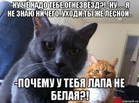 -ну чё надо тебе,огнезвёзд?! -ну. . . я не знаю ничего. уходи,ты же лесной.. -почему у тебя лапа не белая?!