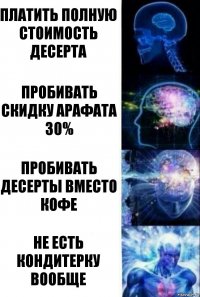 платить полную стоимость десерта пробивать скидку Арафата 30% пробивать десерты вместо кофе НЕ ЕСТЬ КОНДИТЕРКУ ВООБЩЕ