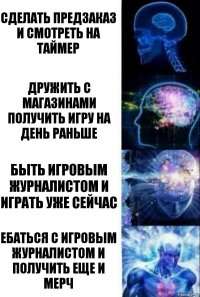 сделать предзаказ и смотреть на таймер дружить с магазинами получить игру на день раньше быть игровым журналистом и играть уже сейчас ебаться с игровым журналистом и получить еще и мерч