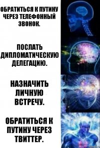 Обратиться к путину через телефонный звонок. послать дипломатическую делегацию. назначить личную встречу. обратиться к Путину через твиттер.