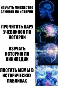 Изучать множество архивов по истории Прочитать пару учебников по истории Изучать историю по википедии Листать мемы в исторических пабликах