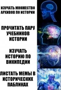 Изучать множество архивов по истории Прочитать пару учебников истории Изучать историю по википедии Листать мемы в исторических пабликах