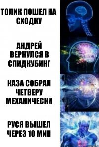 Толик пошел на сходку Андрей вернулся в спидкубинг Каза собрал четверу механически Руся вышел через 10 мин