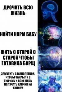 Дрочить всю жизнь Найти норм бабу жить с старой с старой чтобы готовила борщ Замутить с малолеткой, чтобы закрыли в тюрьму и всю жизь получать хавчик на халяву