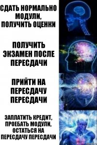 Сдать нормально модули, получить оценки получить экзамен после пересдачи прийти на пересдачу пересдачи заплатить кредит, проебать модули, остаться на пересдачу пересдачи