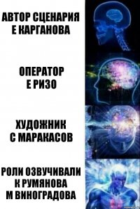 автор сценария
Е Карганова оператор
Е Ризо художник
С Маракасов роли озвучивали
К Румянова
М Виноградова