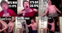 NFS mw 25 fps C's go 30 fps Call of duty 4 30 fps Сапёр 10 fps SimCity 3000 10 fps Battlefield 3 5 fps