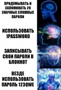 Придумывать и запоминать 20 значные сложные пароли Использовать 1Password Записывать свои пароли в блокнот Везде использовать пароль 123qwe