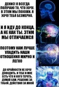 Денис! Я всегда получаю то, что хочу. В этом мы похожи. Я хочу тебя безмерно. И я иду до конца, а не как ты. Этим мы отличаемся Поэтому нам лучше уладить наши отношения мирно и легко До крайности не хочу доводить. И тебе и мне есть что и кого терять. Думай сам. Решение за тобой. Действия за мной