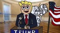 Трамп и чел сзади дуют флаг