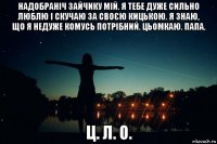 надобраніч зайчику мій. я тебе дуже сильно люблю і скучаю за своєю кицькою. я знаю, що я недуже комусь потрібний. цьомкаю. папа. ц. л. о.