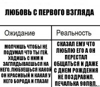 Любовь с первого взгляда Молчишь чтобы не подумал что ты гей. Ходишь с ним и заглядываешься на него. Любуешься какой он красивый и какая у него борода и глаза! Сказал ему что люблю его а он перестал общаться и даже с днем рождения не поздравил. Печалька 90лвл.