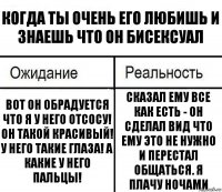 Когда ты очень его любишь и знаешь что он бисексуал Вот он обрадуется что я у него отсосу! Он такой красивый! У него такие глаза! А какие у него пальцы! Сказал ему все как есть - он сделал вид что ему это не нужно и перестал общаться. Я плачу ночами