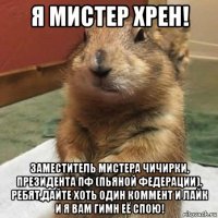 я мистер хрен! заместитель мистера чичирки, президента пф (пьяной федерации). ребят,дайте хоть один коммент и лайк и я вам гимн её спою!