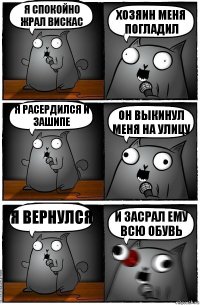 Я спокойно жрал вискас Хозяин меня погладил Я расердился и зашипе Он выкинул меня на улицу Я вернулся И засрал ему всю обувь