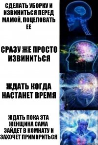 Сделать уборку и извиниться перед мамой, поцеловать ее Сразу же просто извиниться Ждать когда настанет время Ждать пока эта женщина сама зайдет в комнату и захочет примириться