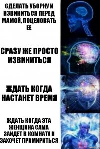 Сделать уборку и извиниться перед мамой, поцеловать ее Сразу же просто извиниться Ждать когда настанет время Ждать когда эта женщина сама зайдет в комнату и захочет примириться