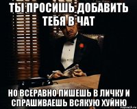 ты просишь добавить тебя в чат но всеравно пишешь в личку и спрашиваешь всякую хуйню