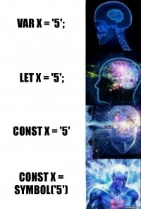 var x = '5'; let x = '5'; const x = '5' const x = Symbol('5')