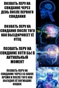 Позвать Леру на свидание через день после первого свидания Позвать Леру на свидание после того как выздоровеет её отец Позвать Леру на свидание хотя бы в актуальный момент Позвать Леру на свидание через хз какое время и после того как обсудил её погибших кошек