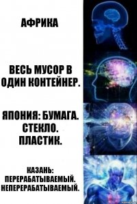 Африка Весь мусор в один контейнер. Япония: Бумага. Стекло. Пластик. Казань: Перерабатываемый. Неперерабатываемый.