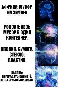 Африка: Мусор на землю Россия: весь мусор в один контейнер. Япония: Бумага. Стекло. Пластик. Казань: Перерабатываемый. Неперерабатываемый.