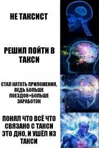 Не таксист Решил пойти в такси Стал катать приложения, ведь больше поездок=больше заработок Понял что всё что связано с такси это дно, и ушёл из такси