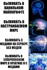 Выживать в ванильном майнкрафте Выживать в настраиваемом мире Выживать с модами на сервере без модов Выживать в суперплоском мире в креативе и с модами